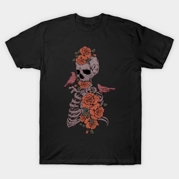 Floral Skeleton and birds T-Shirt by Jess Adams